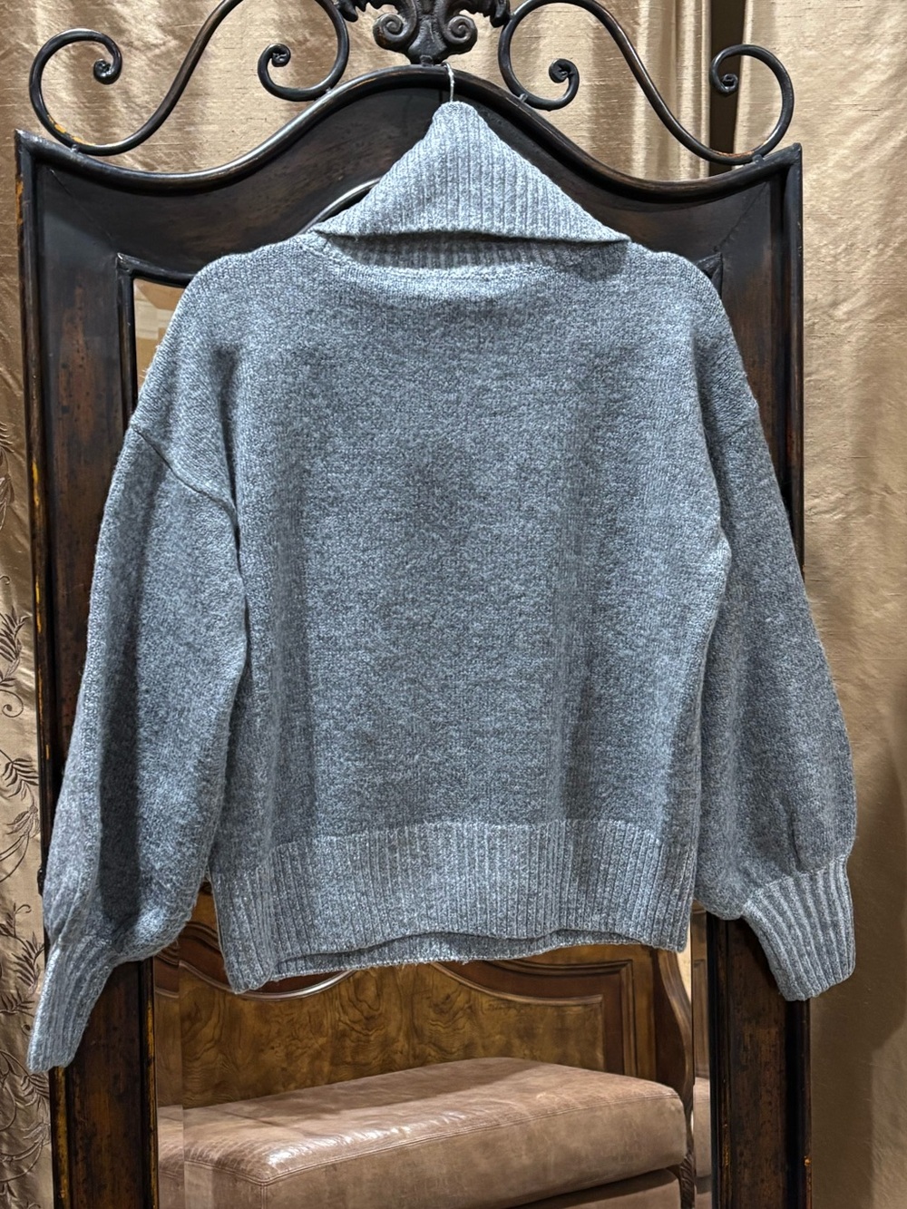 Express Gray Ribbed Cowl-Neck Balloon-Sleeve Sweater - Picture 5 of 5